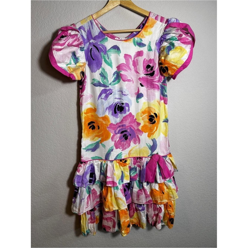 Vintage 80s 90s Picture Me Dress Floral Puff Sleeve Tiered Ruffle Bow Cottagecor